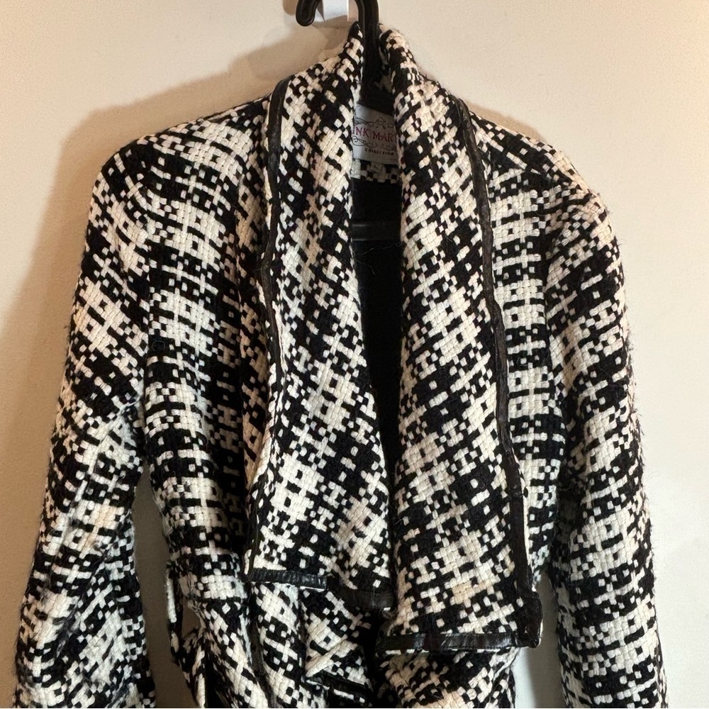 PINK MARTINI Sz L Open Front Houndstooth Belted Trimmed Cascade Lined Jacket - Picture 2 of 10